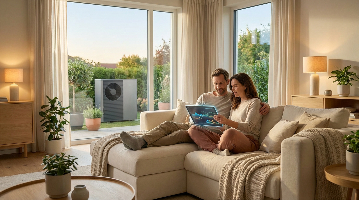 Couple sur canapé regardant des données énergétiques sur tablette. Une pompe à chaleur est visible dans le jardin à travers la fenêtre.