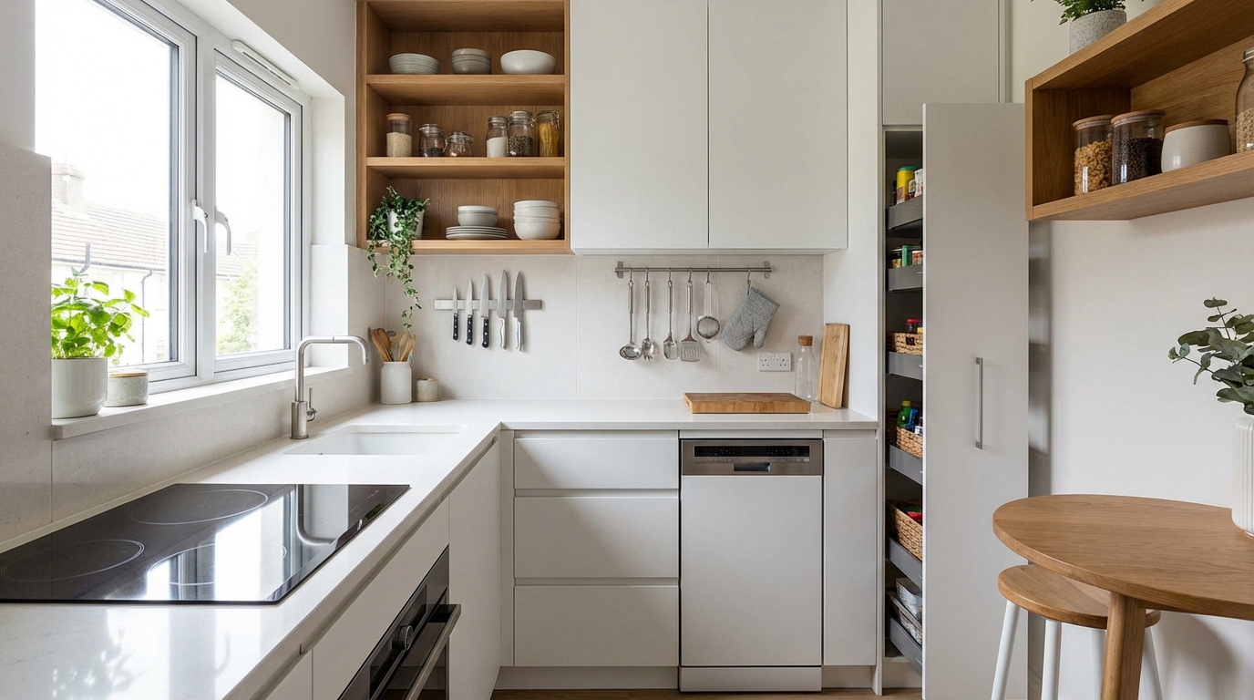 Cuisine moderne claire avec électroménager intégré, évier sous fenêtre, rangements astucieux et étagères en bois.