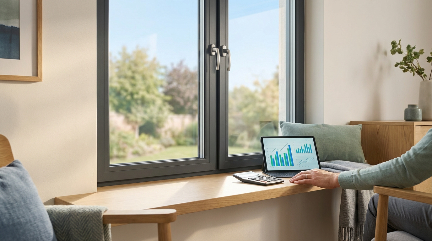 Scène intérieure : une personne estime le coût du double vitrage avec un laptop et une calculatrice près d'une fenêtre lumineuse.