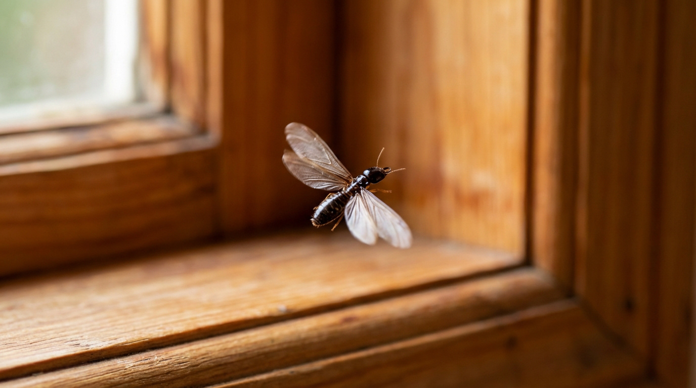 Gros plan sur un termite ailé noir en plein vol, ses ailes translucides déployées, près d'un encadrement de fenêtre en bois.