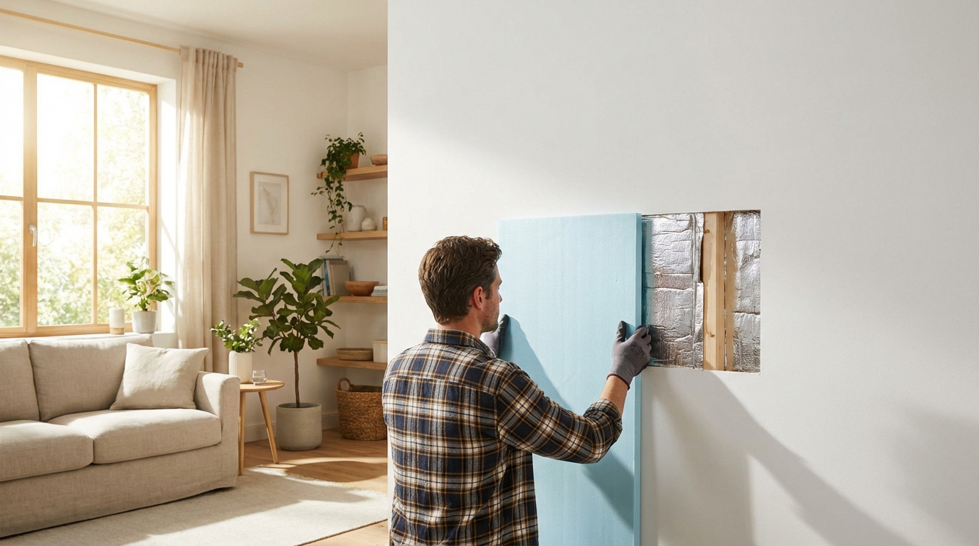 Homme posant un panneau isolant bleu clair dans un mur intérieur, avec un salon lumineux à la fenêtre en arrière-plan.