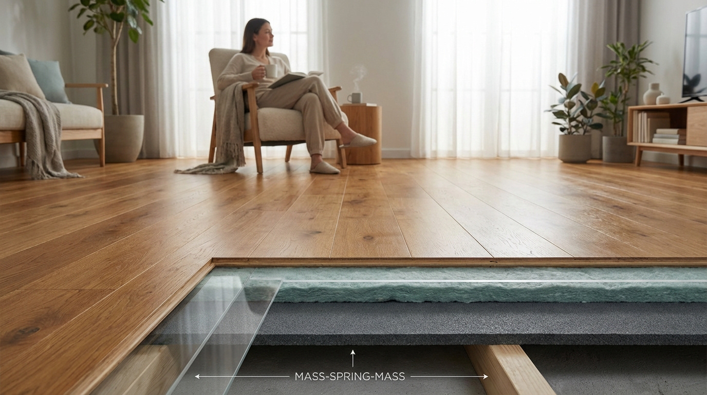 Une femme détendue dans un salon avec plancher en bois, montrant une coupe détaillée de l'isolation phonique multi-couches.