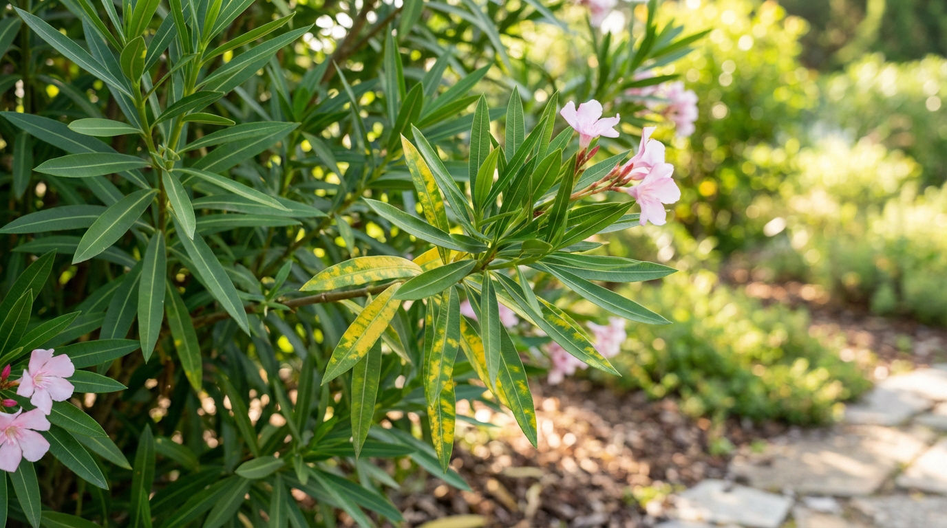 Gros plan sur un laurier rose avec des feuilles vertes et plusieurs feuilles présentant des taches jaunes, et des fleurs roses claires.