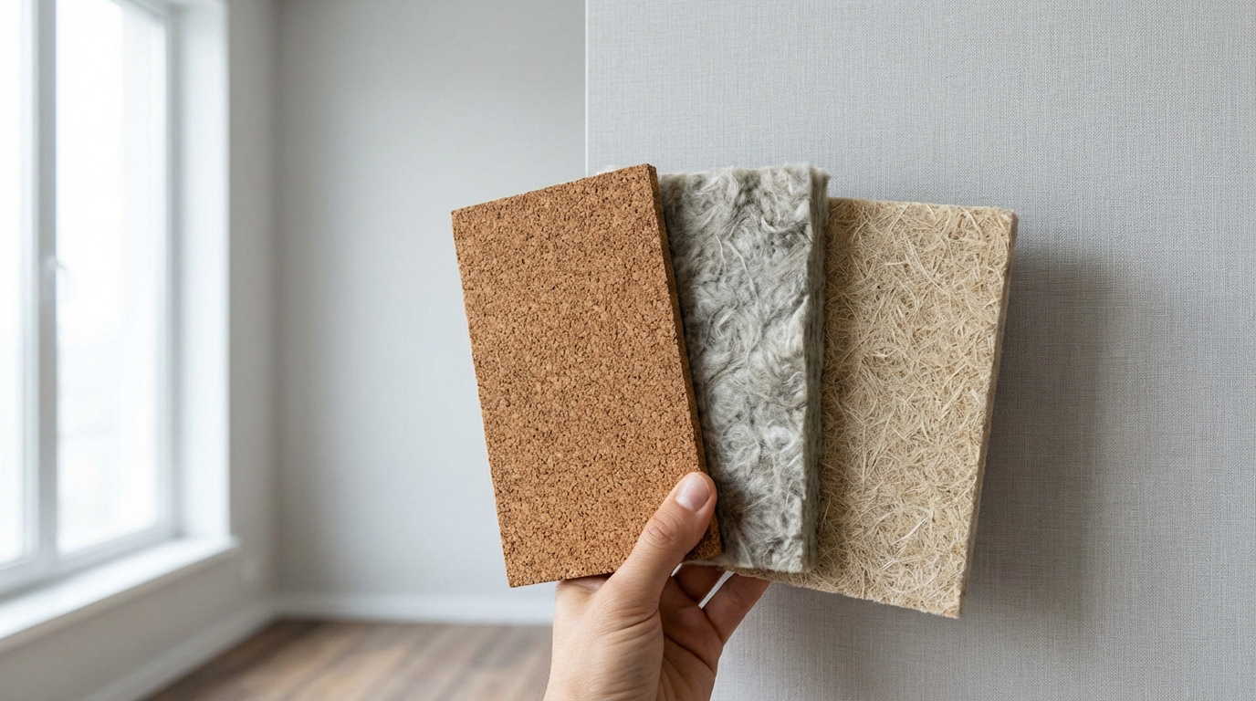 Main tenant 3 échantillons d'isolants phoniques (liège, fibre grise, fibre beige) devant un mur clair et une fenêtre lumineuse.