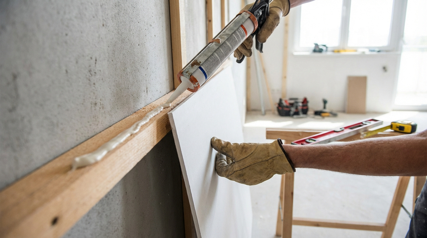 Ouvrier posant du placo sans rail, appliquant de l'adhésif sur un cadre en bois. Chantier de construction lumineux.