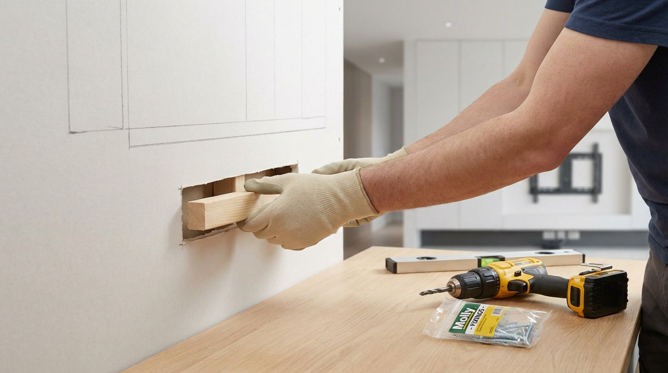 Personne gantée insérant une planche en bois dans une découpe de cloison placo pour renfort. Perceuse et vis sur la table.