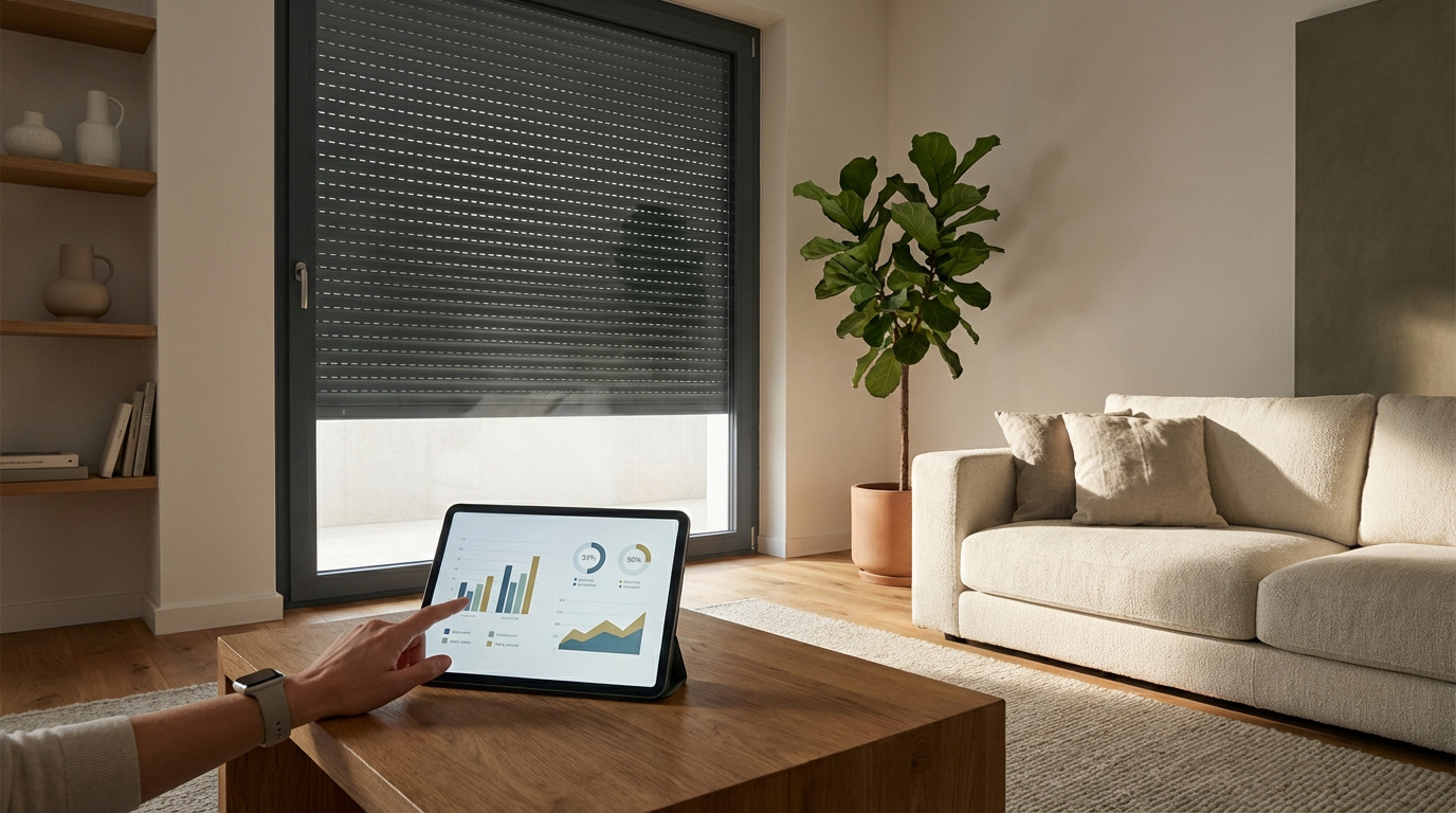 Intérieur moderne, main sur tablette affichant graphiques, grand volet roulant électrique gris sur fenêtre, canapé clair, plante verte.