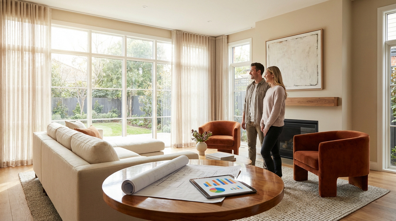 Un couple souriant admire leur salon moderne. Des plans et une tablette sont sur la table basse, suggérant un projet de rénovation.