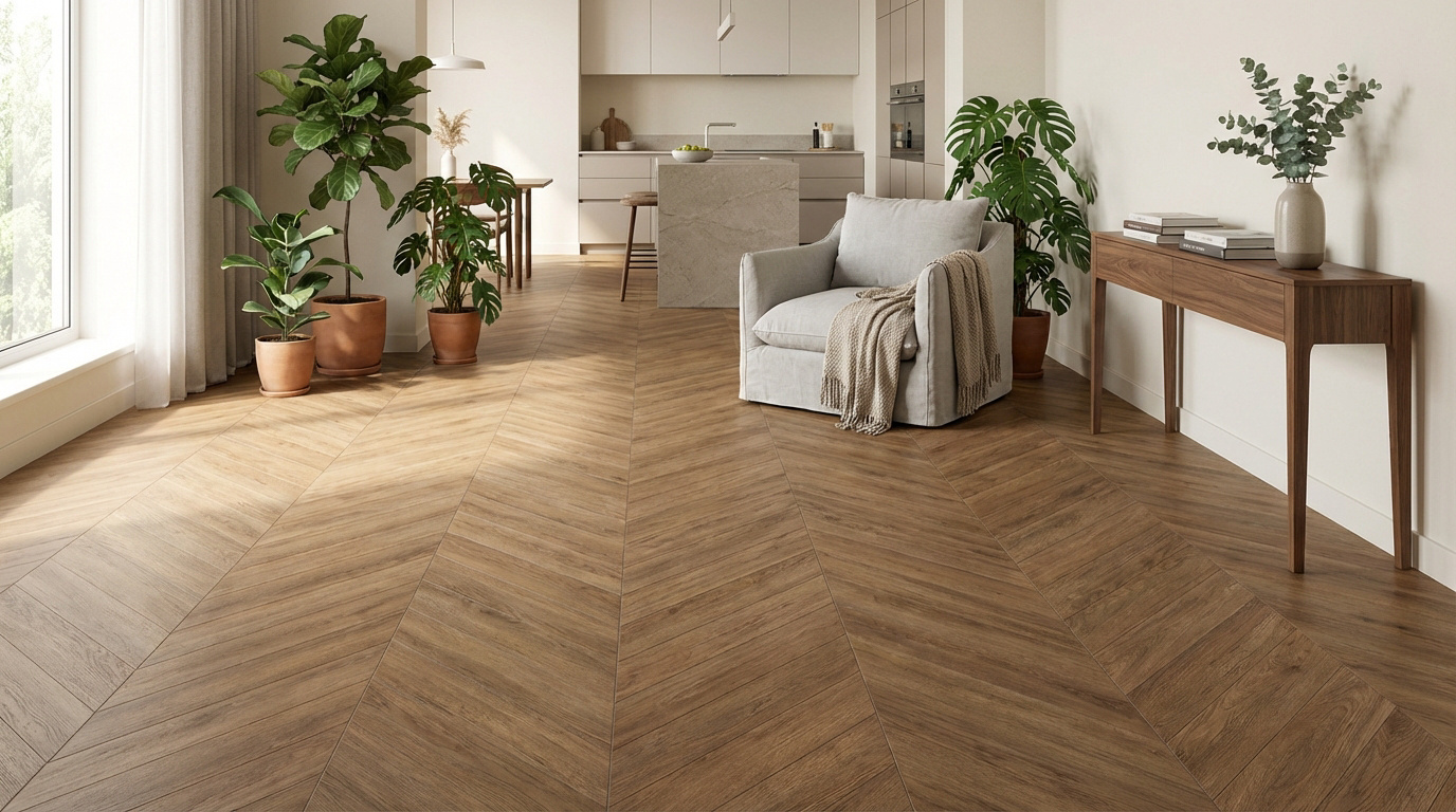 Un intérieur moderne avec un carrelage effet parquet en chevron marron, un fauteuil gris, des plantes vertes et une cuisine ouverte.