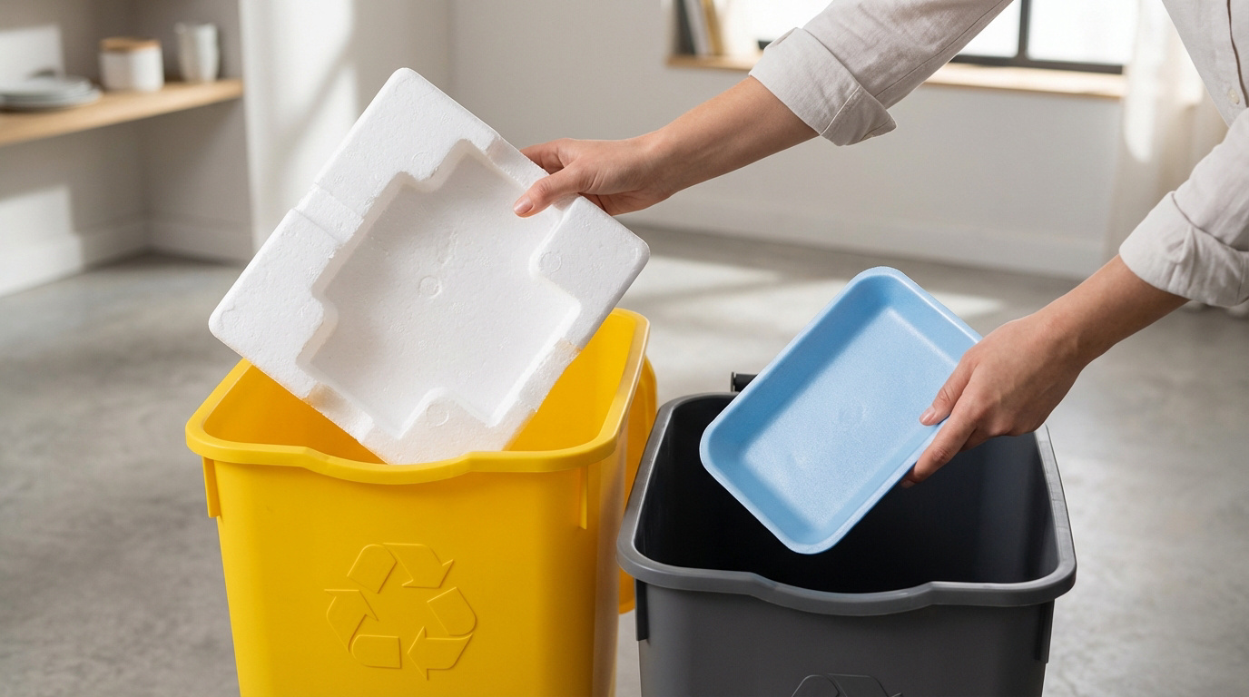Personne triant des emballages en polystyrène blanc et une barquette bleue dans deux poubelles, l'une jaune avec logo recyclage.