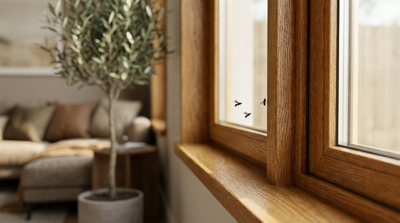Trois petits insectes noirs volants près d'une fenêtre en bois clair dans une maison moderne. Un olivier en pot est visible en arrière-plan flou.