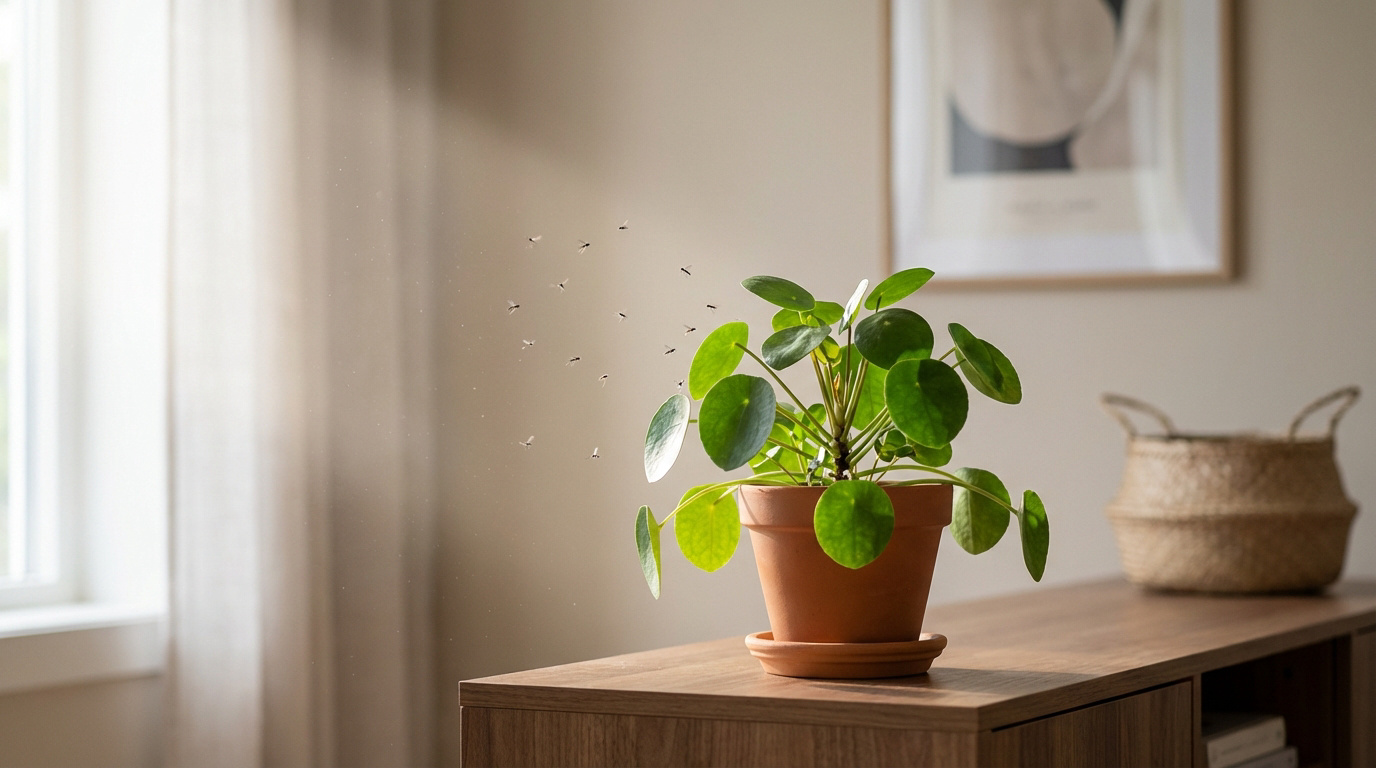 Une plante Pilea en pot sur un meuble en bois, entourée de nombreux petits moucherons noirs. Lumière naturelle par la fenêtre.
