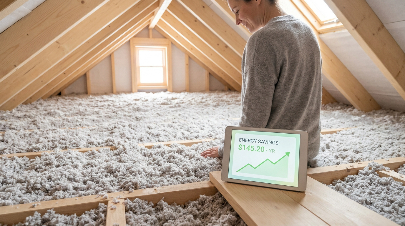 Une femme dans des combles isolés regarde une tablette affichant des économies d'énergie avec une courbe ascendante.