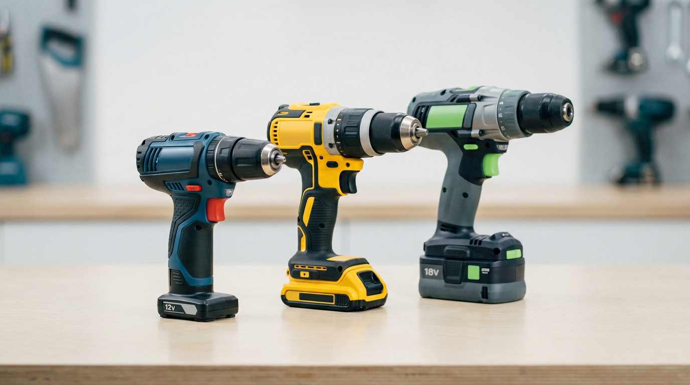 Trois perceuses-visseuses sans fil de différentes marques et puissances alignées sur un établi en bois en atelier.